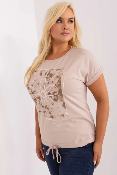 Béžové dámské tričko s potiskem se stahovací šňůrkou FPrice