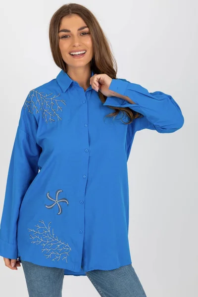 Modrá dámská košile s výšivkami Factory Price volný střih