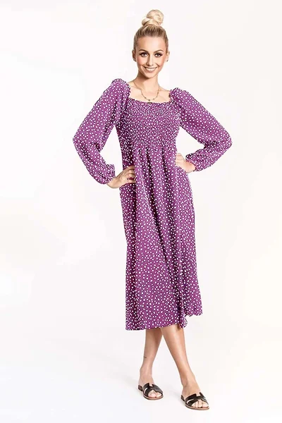 Dámské fialové midi šaty s nabíranými rukávy Ann Gissy