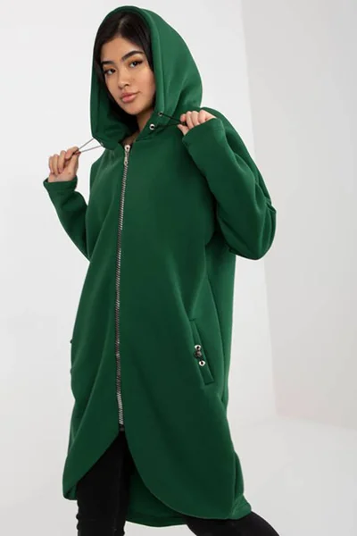 Tmavě zelená dámská maxi mikina na zip s kapucí Factory Price