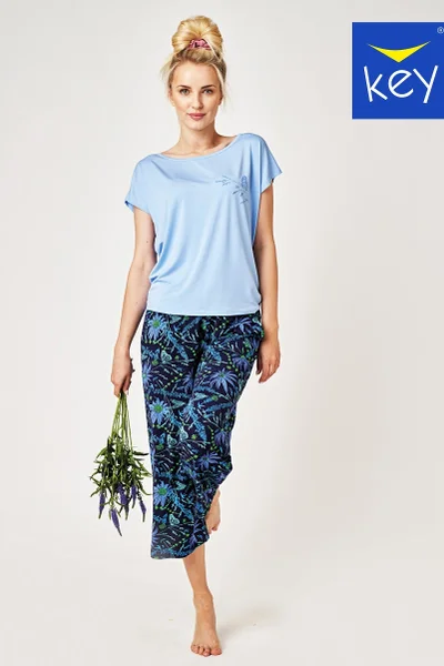 Modré dámské vzorované pyžamo s capri kalhotami Key