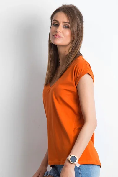 Dámské tmavě oranžové bavlněné triko s výstřihem do V FPrice