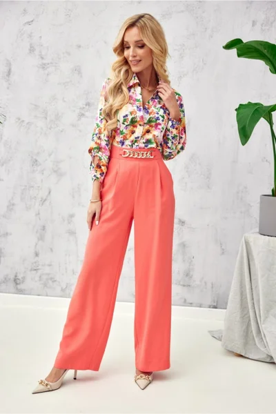 Letní široké dámské kalhoty v oranžové barvě Roco Fashion
