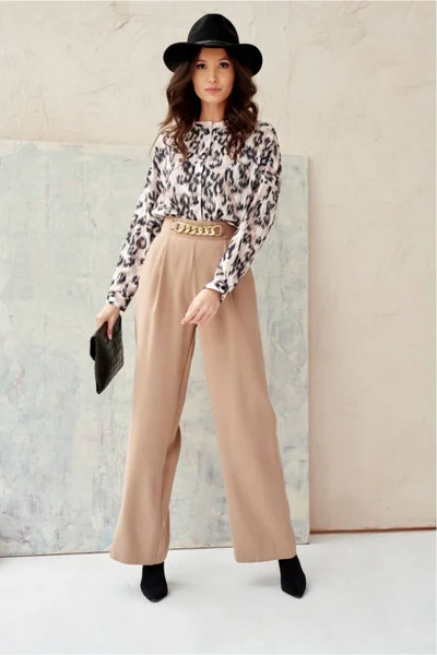 Béžové široké dámské kalhoty s vysokým pasem Roco Fashion Roco Fashion