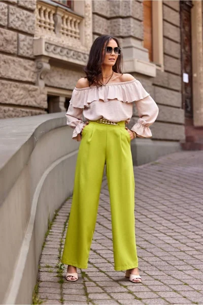 Limetkově zelené široké dámské kalhoty Roco Fashion