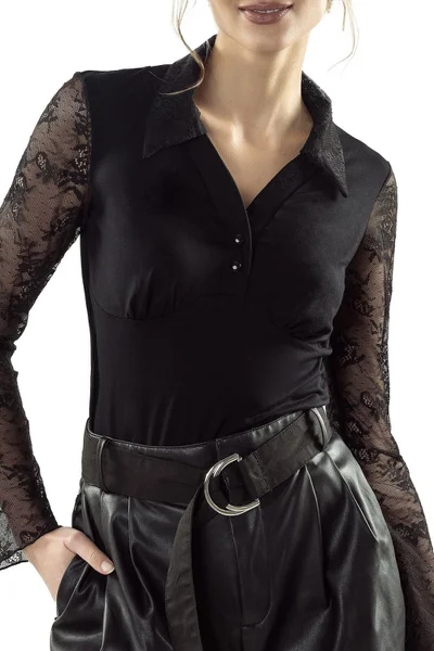 Černá propínací dámská halenka s krajkovými rukávy Eldar