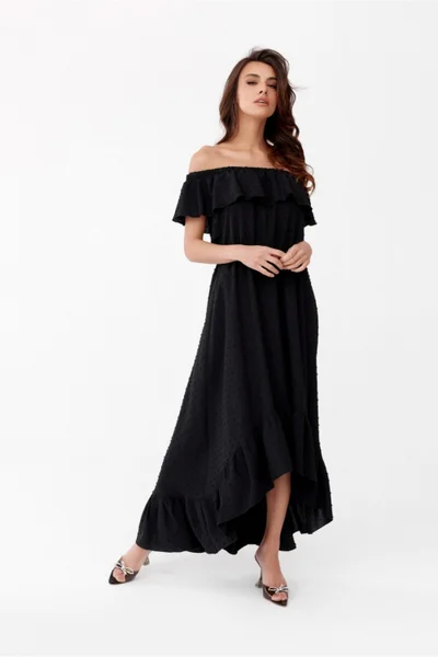 Vzdušné dlouhé černé šaty se spadlými rameny Roco Fashion