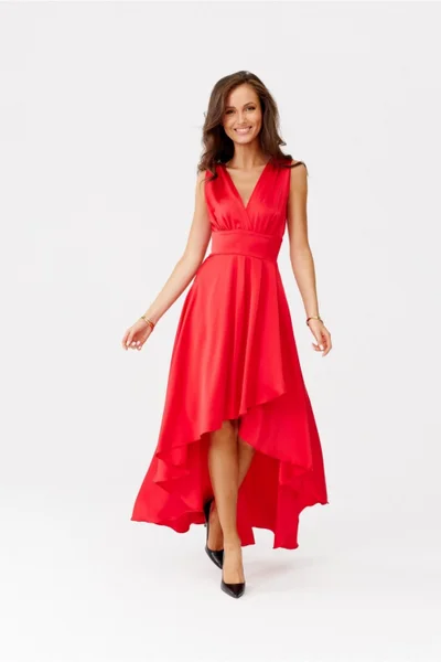 Červené společenské asymetrické dlouhé šaty Roco Fashion
