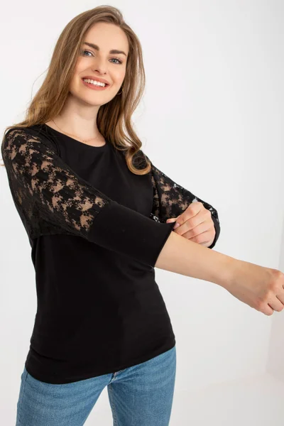Bavlněné dámské tričko s krajkovými rukávy Rue Paris černé