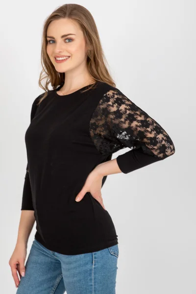 Bavlněné dámské tričko s krajkovými rukávy Rue Paris černé
