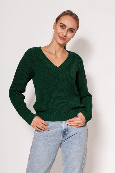Tmavě zelený dámský pulovr V-neck MKM