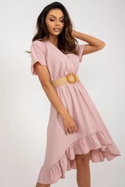Pudrově růžové dámské asymetrické šaty s páskem ITALY MODA