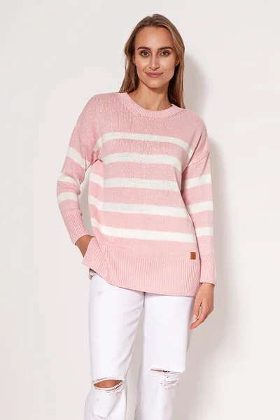 Bílo-růžový dámský pruhovaný svetr MKM