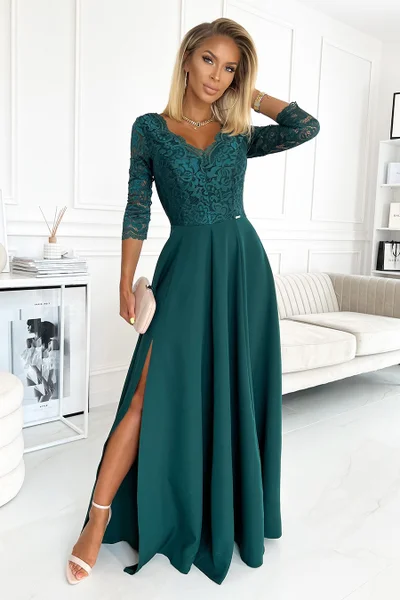 AMBER - Elegantní dlouhé dámské krajkové dámské šaty v lahvově zelené barvě s výstřihem OL