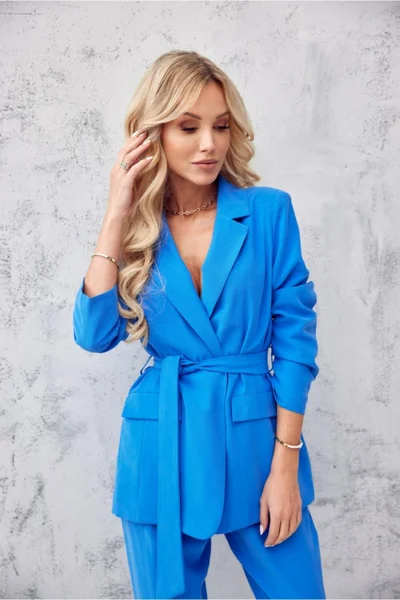 Módní výrazné modré dámské sako na zavazování Roco Fashion