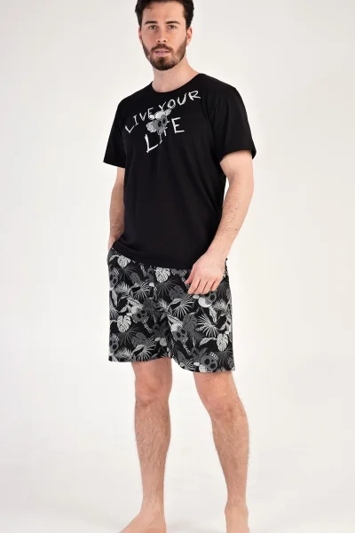 Černé vzorované pánské pyžamo se šortkami Gazzaz