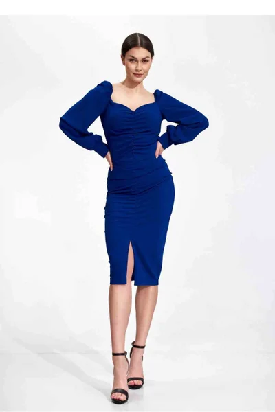Tmavě modré dámské společenské šaty s nabíranými rukávy Figl