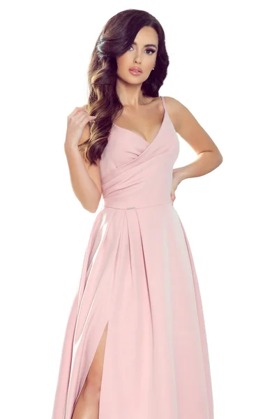 Pudrově růžové elegantní maxi šaty na ramínkách Numoco 299-2