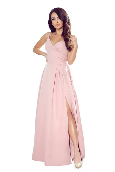 Pudrově růžové elegantní maxi šaty na ramínkách Numoco 299-2