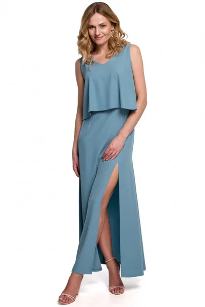 Modré dámské maxi šaty s vysokým rozparkem Makover