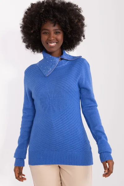 Modrý dámský svetr s límcem FPrice