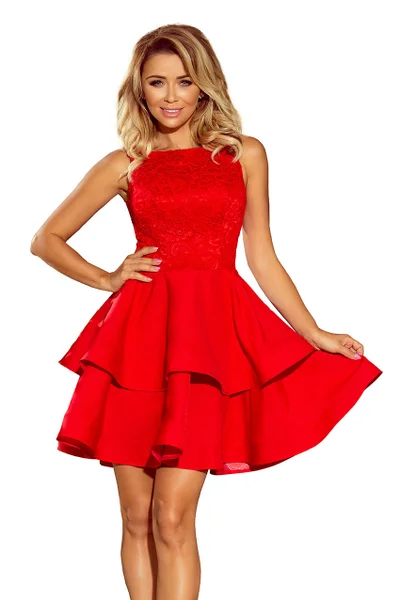 Červené dámské dvojitě rozšířené šaty s krajkou Numoco 205-1