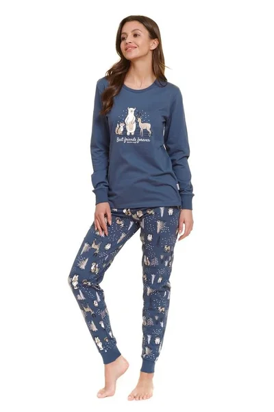 Modré bavlněné pyžamo pro ženy s motivem lesních zvířat dn-nightwear