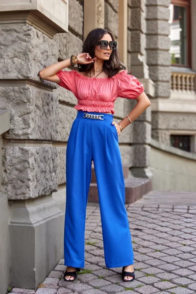Královsky modré dámské kalhoty Roco Fashion široký střih