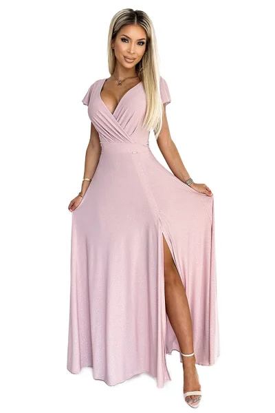 Světle růžové dámské dlouhé šaty s rozparkem Numoco