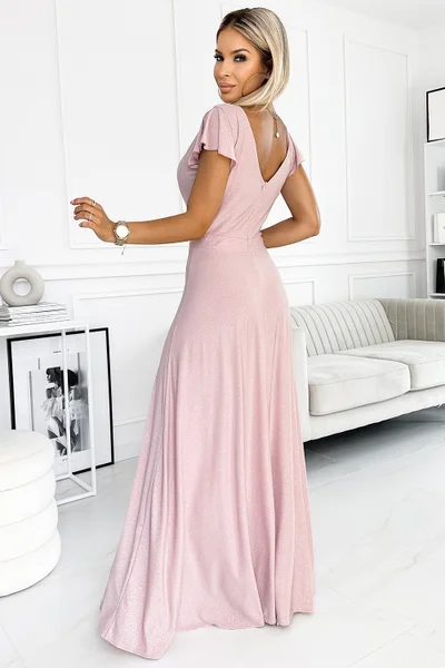 Světle růžové dámské dlouhé šaty s rozparkem Numoco