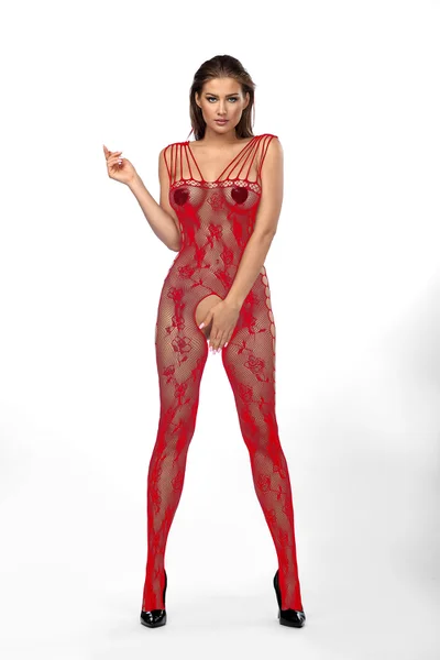 Žhavý dámský krajkový bodystocking v červené barvě Anais