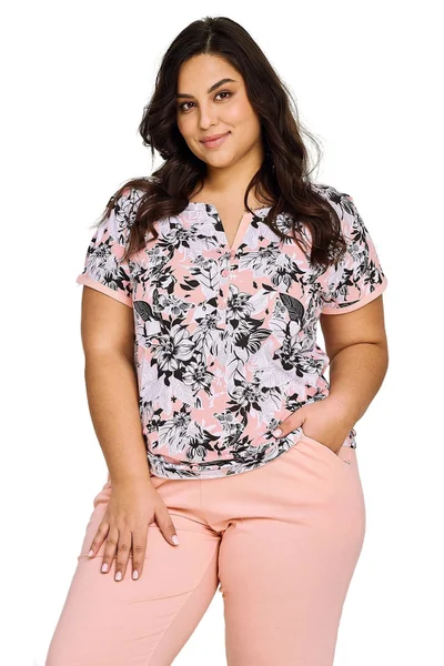 Plus size růžové dvoudílné dámské pyžamo s 3/4 kalhotami Taro