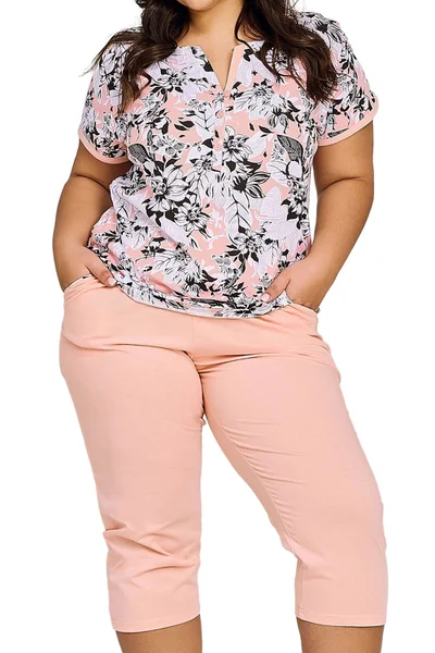 Plus size růžové dvoudílné dámské pyžamo s 3/4 kalhotami Taro