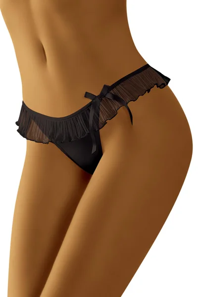 Sexy černé síťované dámské string kalhotky s volánek Wol-Bar