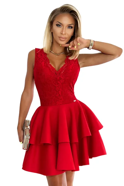 ZLATA - Červené šaty s krajkovým výstřihem a pěnou H371 Numoco