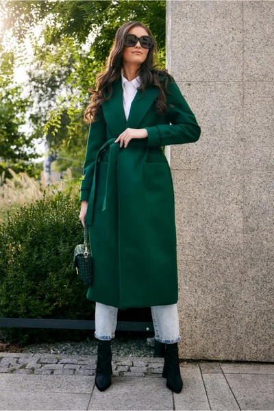 Moderní tmavě zelený dámský dlouhý kabát Roco Fashion