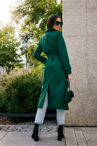 Moderní tmavě zelený dámský dlouhý kabát Roco Fashion