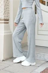 Světle šedé široké dámské kalhoty Roco Fashion