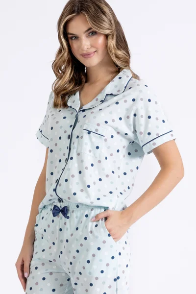 Světle modré dámské pyžamo se vzorem a propínací košilí LEVEZA