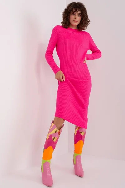 Neon růžové dámské úpletové midi šaty FPrice