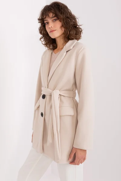 Béžový dámský krátký kabátek s páskem FPrice