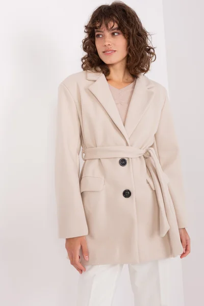 Béžový dámský krátký kabátek s páskem FPrice