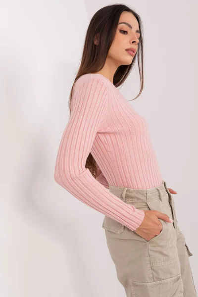 Světle růžový žebrovaný dámský svetr s dlouhým rukávem Factory Price
