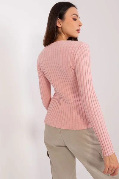 Světle růžový žebrovaný dámský svetr s dlouhým rukávem Factory Price