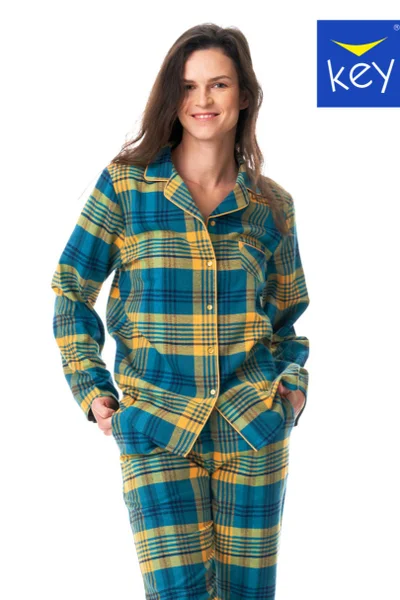 Hřejivé dámské kárované pyžamo s propínací košilí Key
