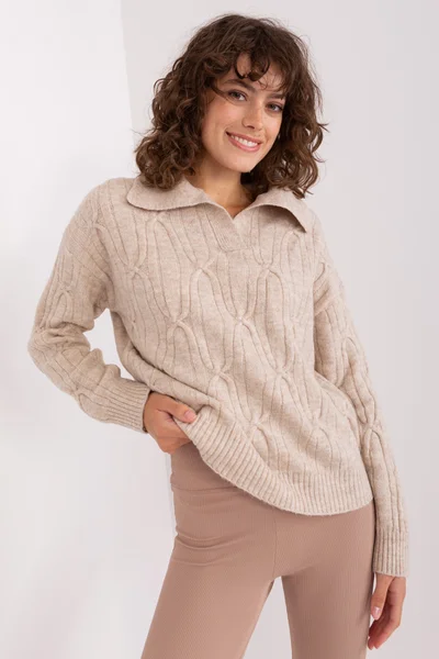 Světle béžový dámský pletený svetr s límečkem FPrice