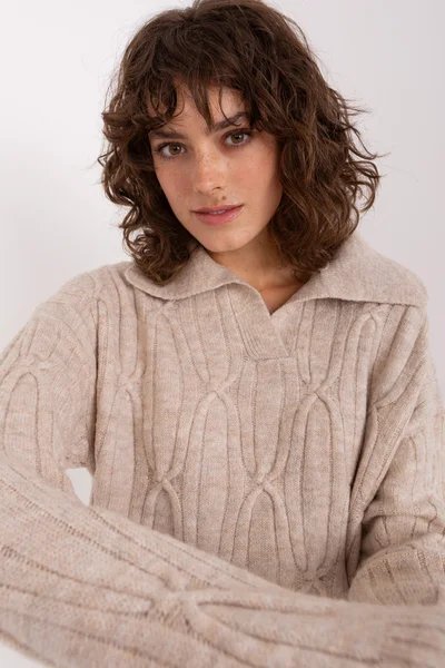 Světle béžový dámský pletený svetr s límečkem FPrice