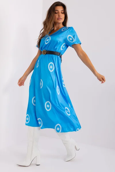 Midi modré dámské šaty s bílým potiskem FPrice
