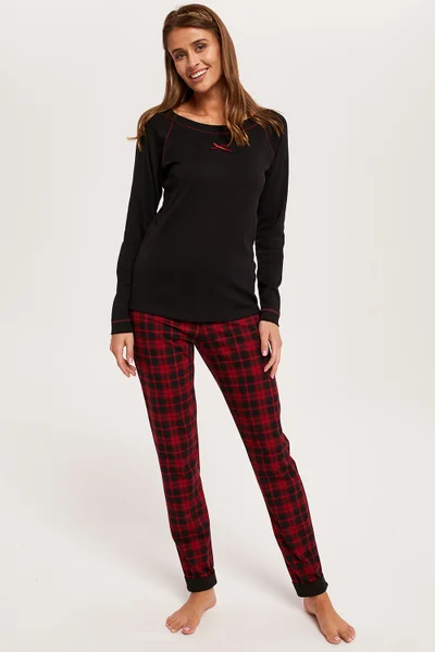 Dámské červeno-černé dámské pyžamo s károvanými kalhotami Italian Fashion