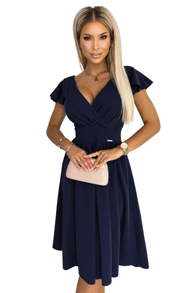 Tmavě modré dámské elegantní šaty s překládaným výstřihem Numoco